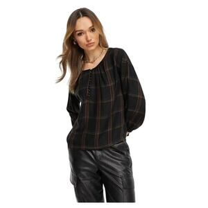 New Madewell window pane plaid button detail peasant blouse size small